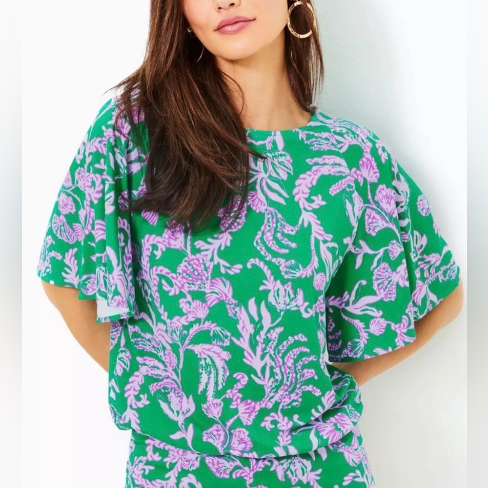 Lilly Pulitzer Green and Purple Floral Blouse, like new!